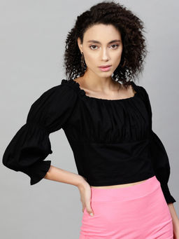 STREET 9 - Black Cotton Three Fourth Sleeves Square Neck Solid Top