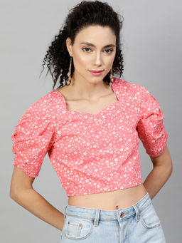 STREET 9 - Pink Cotton Half Sleeves Sweetheart Floral Top