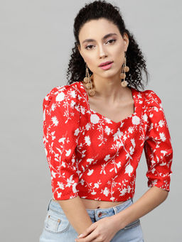 STREET 9 - Red Crepe Three Fourth Sleeves Sweetheart Floral Top