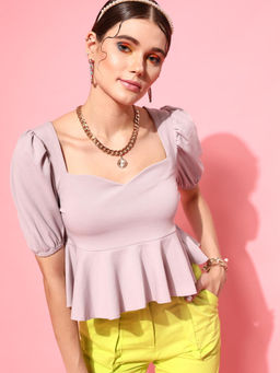STREET 9 - Lavender Polyester Balloon Sleeve Sweetheart Solid Top