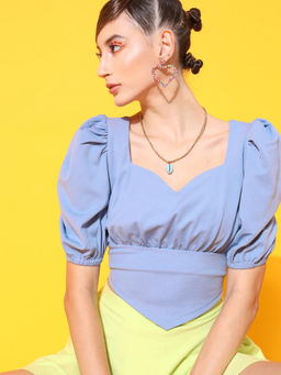 STREET 9 - Blue Polyester Puff Sleeves Sweetheart Solid Top