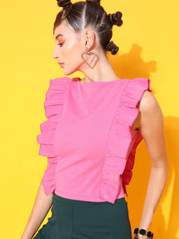 STREET 9 - Pink Polyester Sleeveless Round Neck Solid Top