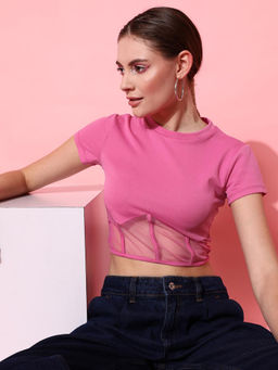 STREET 9 - Pink Polyester Half Sleeves Round Neck Solid Crop Top