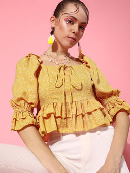 STREET 9 - Yellow Polyester Puff Sleeves Square Neck Printed Top