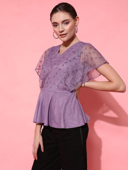 STREET 9 - Lavender Polyester Flared Sleeves V-Neck Embellished Top