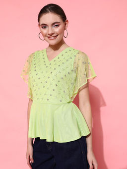 STREET 9 - Green Polyester Flared Sleeves V-Neck Embellished Top