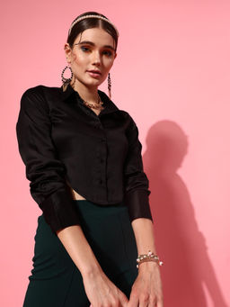 STREET 9 - Black Polyester Full Sleeves Collar Neck Solid Shirt