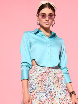 STREET 9 - Turquoise Polyester Full Sleeves Collar Neck Solid Shirt