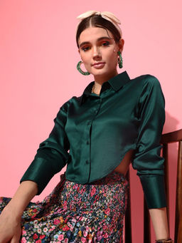 STREET 9 - Green Polyester Full Sleeves Collar Neck Solid Shirt