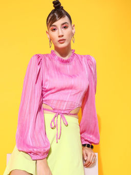 STREET 9 - Pink Polyester Full Sleeves Ruffled Neck Self Design Crop Top