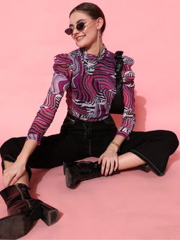 STREET 9 - Purple Polyester Full Sleeves High Neck Printed Crop Top