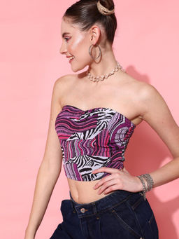 STREET 9 - Purple Polyester Sleeveless Off Shoulder Printed Crop Top