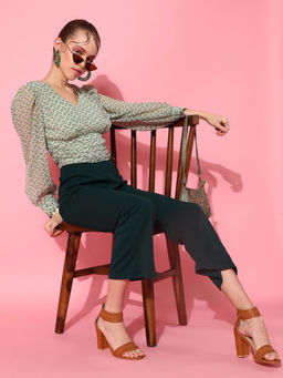 STREET 9 - Green Polyester Full Sleeves V-Neck Printed Top