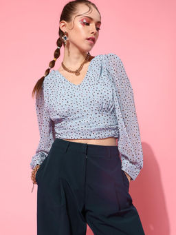 STREET 9 - Blue Polyester Full Sleeves V-Neck Polka Dots Top