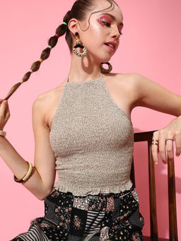 STREET 9 - Grey Cotton Sleeveless Halter Neck Printed Top