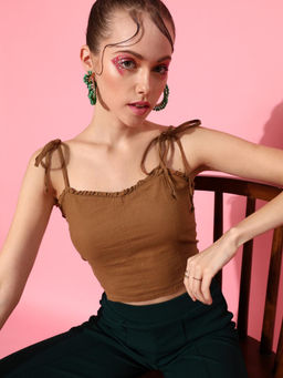 STREET 9 - Brown Cotton Sleeveless Shoulder Straps Solid Crop Top