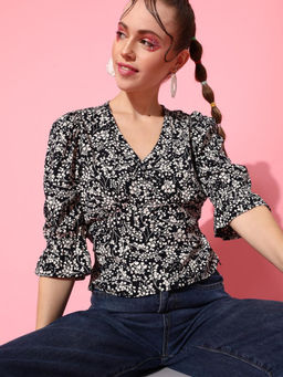 STREET 9 - Navy Blue Polyester Balloon Sleeve V-Neck Floral Top