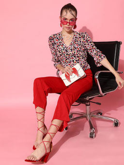 STREET 9 - Multi-Color Polyester Balloon Sleeve V-Neck Floral Top