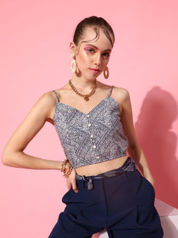 STREET 9 - Blue Polyester Sleeveless Shoulder Straps Printed Crop Top