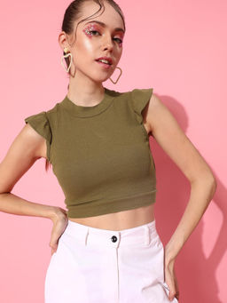 STREET 9 - Olive Cotton Sleeveless Round Neck Solid Crop Top