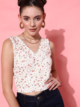 STREET 9 - White Polyester Sleeveless V-Neck Floral Crop Top