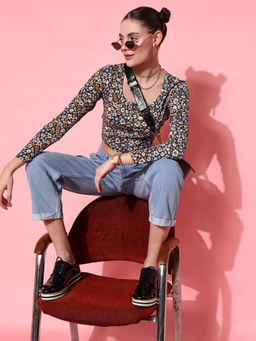 STREET 9 - Black Polyester Full Sleeves Scoop Neck Floral Crop Top