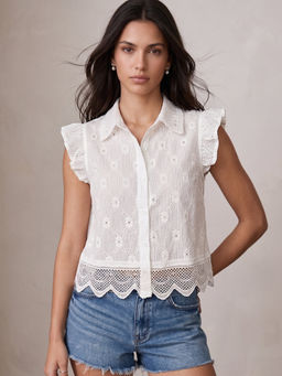 Outzidr - White Polyester Cap Collar Neck Embroidered Shirt