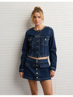 American Eagle - Navy Blue Cotton Blend Full Sleeves Collar Neck Solid Denim Jacket