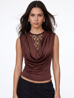 Outzidr - Brown Polyester Sleeveless Round Neck Solid Top