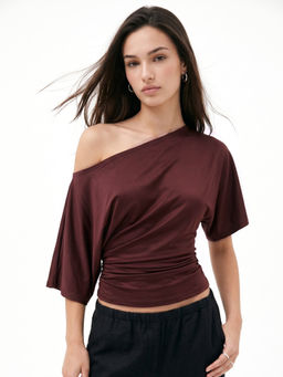 Outzidr - Wine Polyester Half Sleeves Asymmetrical Solid Top