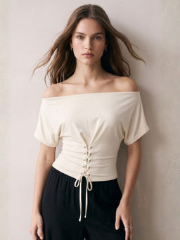 Outzidr - Beige Polyester Half Sleeves Off Shoulder Solid Top