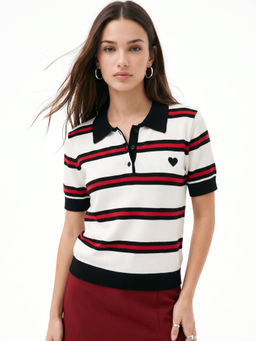 Outzidr - Multi-Color Polyester Half Sleeves Collar Neck Stripes Polo T-Shirt