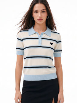 Outzidr - Blue Polyester Half Sleeves Collar Neck Stripes Polo T-Shirt
