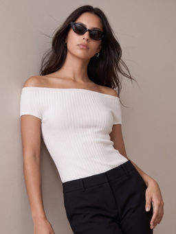 Outzidr - White Polyester Half Sleeves Off Shoulder Self Design Top