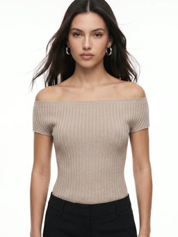Outzidr - Beige Polyester Half Sleeves Off Shoulder Self Design Top