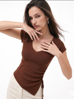 Outzidr - Brown Polyester Half Sleeves V-Neck Solid Top