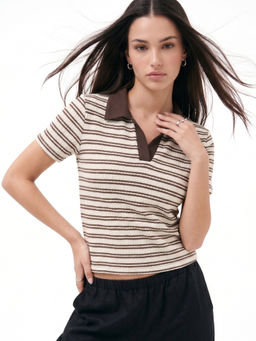 Outzidr - Cream Polyester Half Sleeves Collar Neck Stripes Polo T-Shirt