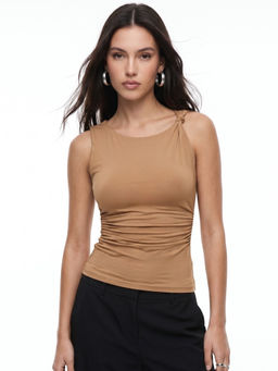 Outzidr - Brown Nylon Blended Sleeveless Round Neck Solid Top