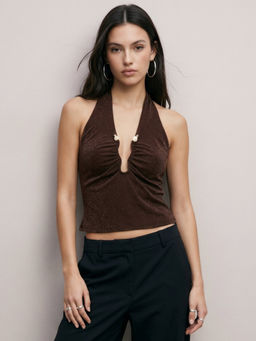 Outzidr - Brown Polyester Sleeveless Halter Neck Self Design Crop Top