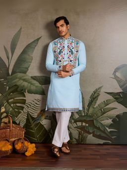Odette - Sky Blue Viscose Silk Embroidered Stitched Kurta