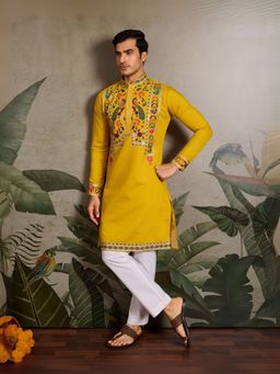 Odette - Yellow Viscose Silk Embroidered Stitched Kurta