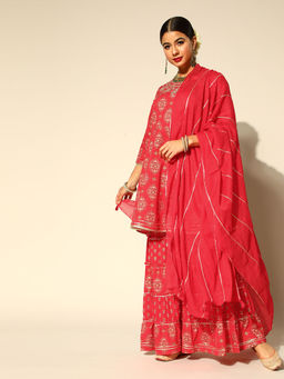 ISHIN - womens Cotton Red Embroidered Anarkali Peplum Kurta Sharara Dupatta (Set of 3)