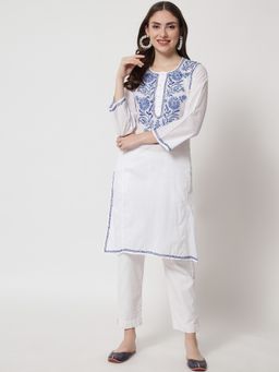 PARAMOUNT CHIKAN - Women's Navy Blue Hand Embroidered Chikankari Cotton Straight Kurta