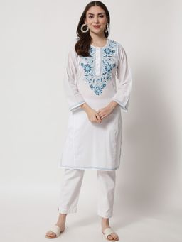 PARAMOUNT CHIKAN - Women's Teal Hand Embroidered Chikankari Cotton Straight Kurta