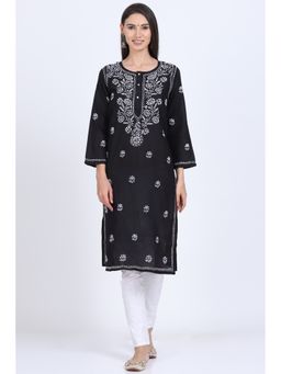 PARAMOUNT CHIKAN - Women's Black Hand Embroidered Chikankari Cotton Straight Kurta