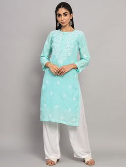 PARAMOUNT CHIKAN - Women's Green Hand Embroidered Chikankari Cotton Straight Kurta