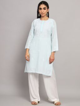PARAMOUNT CHIKAN - Women's Blue Hand Embroidered Chikankari Cotton Straight Kurta