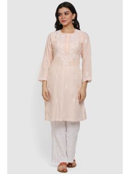 PARAMOUNT CHIKAN - Women's Peach Hand Embroidered Chikankari Cotton Straight Kurta