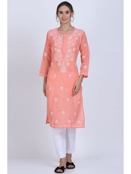 PARAMOUNT CHIKAN - Women's Peach Hand Embroidered Chikankari Cotton Straight Kurta
