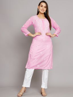 PARAMOUNT CHIKAN - Women's Pink Hand Embroidered Chikankari Cotton Straight Kurta